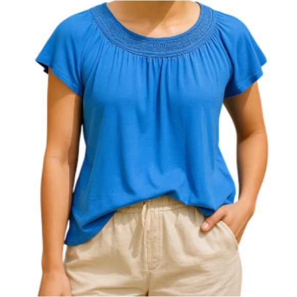 My Style Flutter Short Sleeve Crochet Neck Top Blue Ladder Lace 1X - Picture 1 of 10